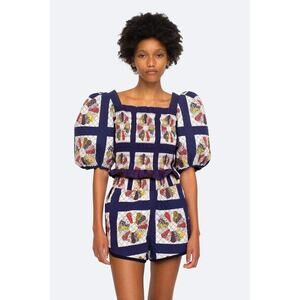 Sea New York Pippin Patchwork Top Puff Sleeve Ruched Open Back‎ 6 Cottagecore